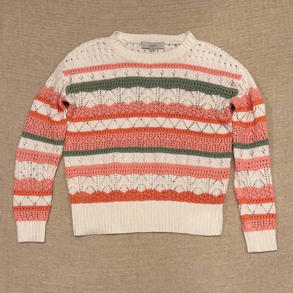 LOFT Cream and Pink Crewneck Sweater with Striped Design